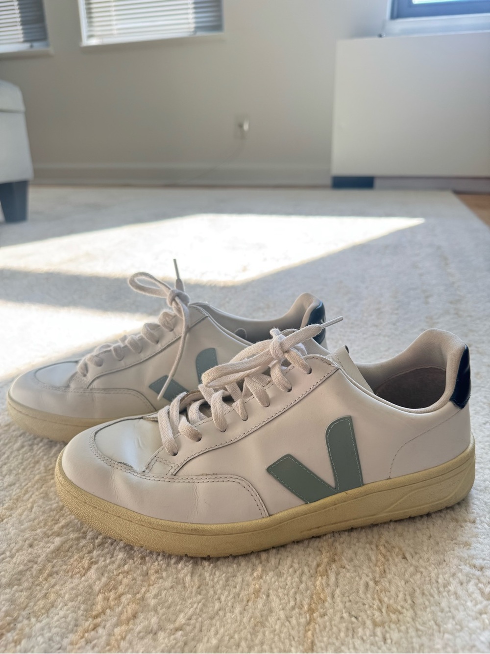 Veja V-12 White Leather Sneakers with slate blue V logo